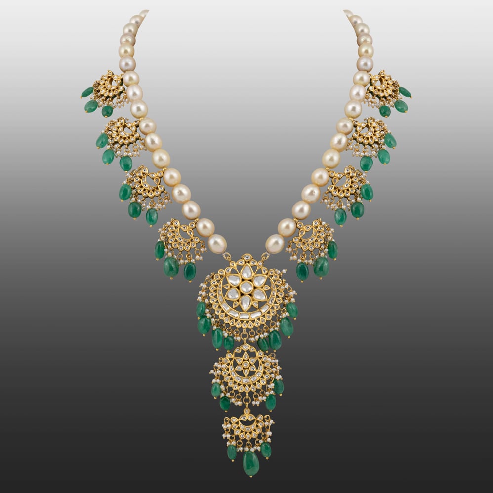 Pearl Chandbali Necklace with Emerald Drops